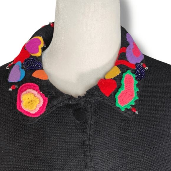 Vintage 90s Michael Simon HeartPrint Knit Cardigan Black Short Sleeve Colorful - Picture 3 of 10